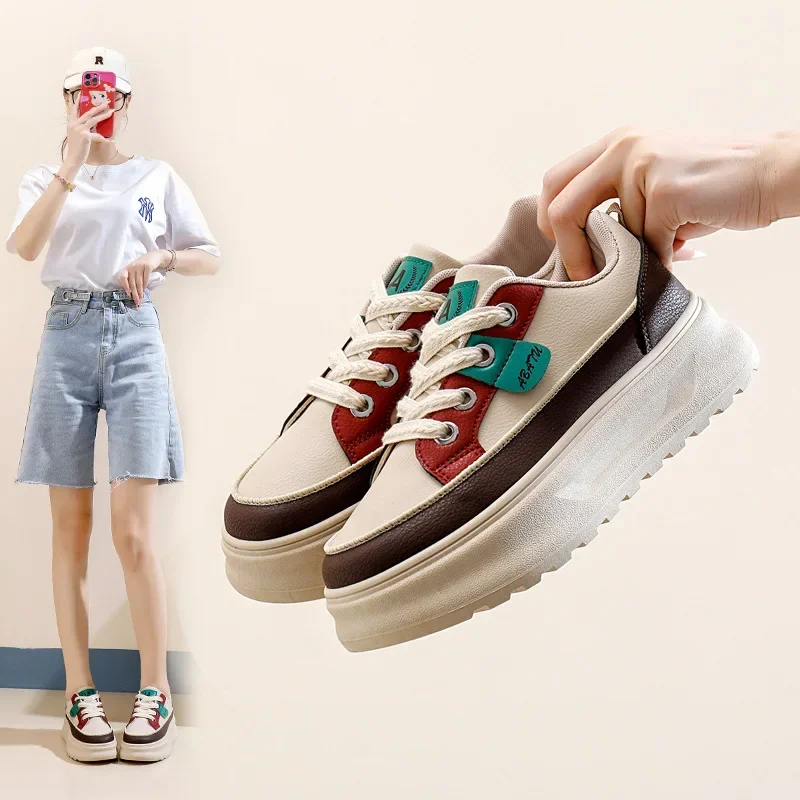 

Новая женская обувь, женская обувь из чистого каучука на толстой подошве, увеличивающая рост, нескользящая износостойкая кожаная повседневная спортивная обувь