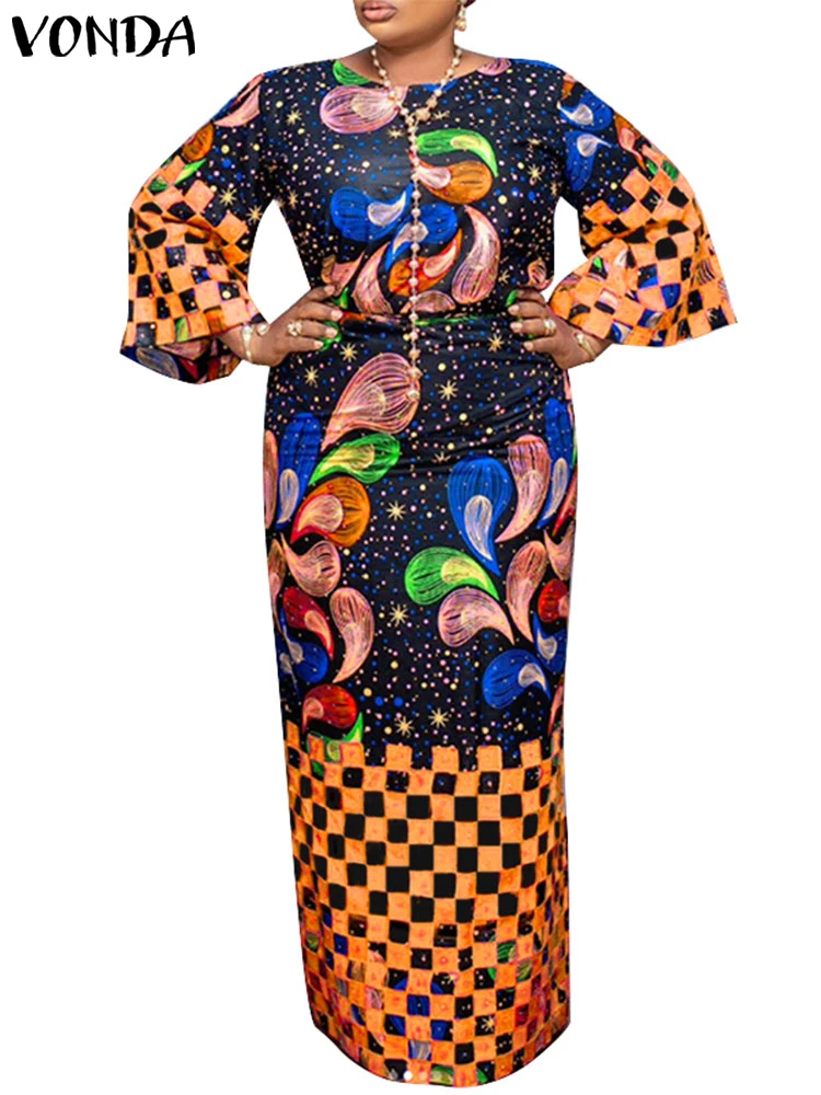 

Plus Size 5XL VONDA Women Bohemian Dress Long Flare Sleeve Printed Maxi Sundress 2025 Casual Loose Vestido Oversized Robe Femme