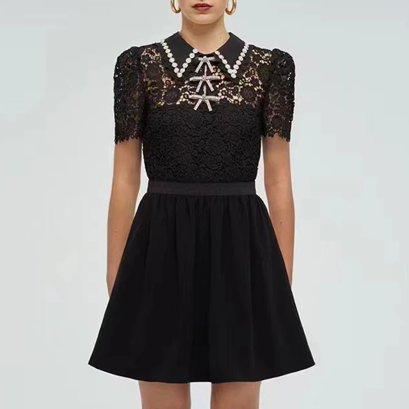 Women Lace stitching bow decoration mini dress high wiast black short dress