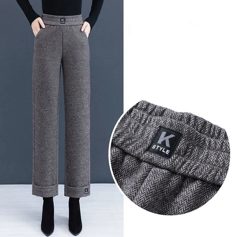 Simplicity Fashion Autumn Winter Woolen Pants Women Solid Pockets High Waist Plus Velvet Straight Wide Leg Ankle Length Trousers