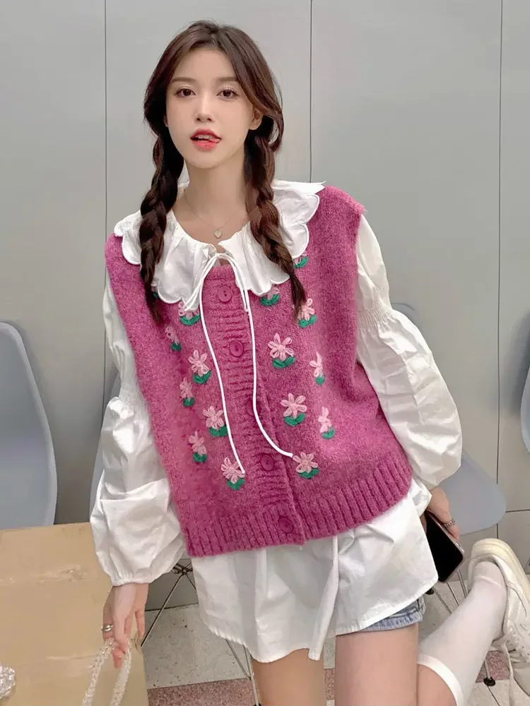 Vintage Lovely Sweater Vests Girl Gentle Cozy Embroidery Prairie Chic O-neck Students Sweet Design Y2k Preppy All-match
