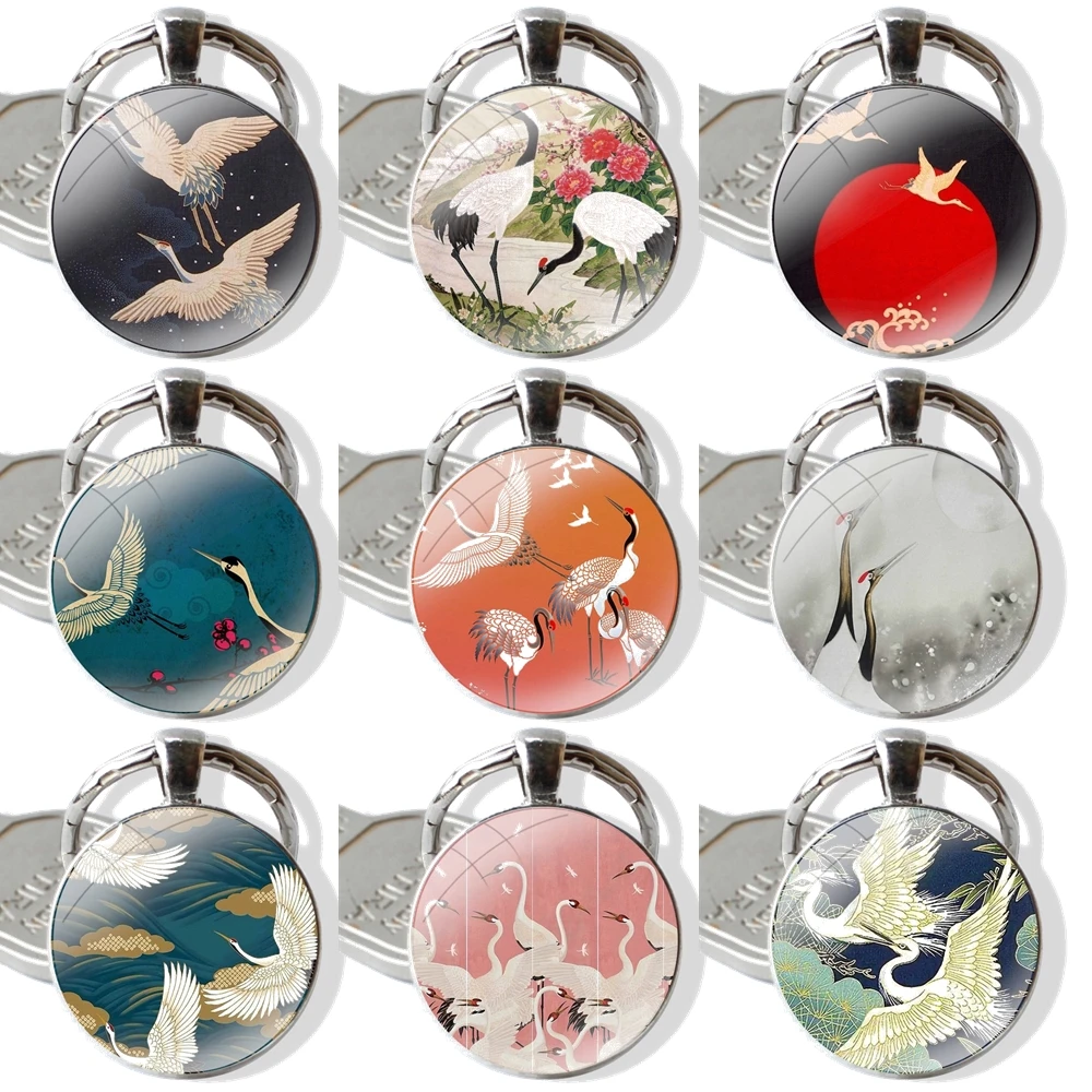 Keychain Handmade Glass Cabochon Key Ring Holder Pendant Key Chains Bird Crane