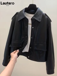 Lautaro-Women's Soft Faux Leather Jacket, Short, Brown, Black, Soft, Turn-down Collar, Pockets, Loose, Casual, Korean Fashion