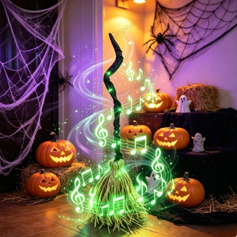 Balai de sorcière lumineux et sonore avec action de saut automatique, idéal pour les fêtes d'Halloween, les cadeaux, la décoration et les célébrations intérieures