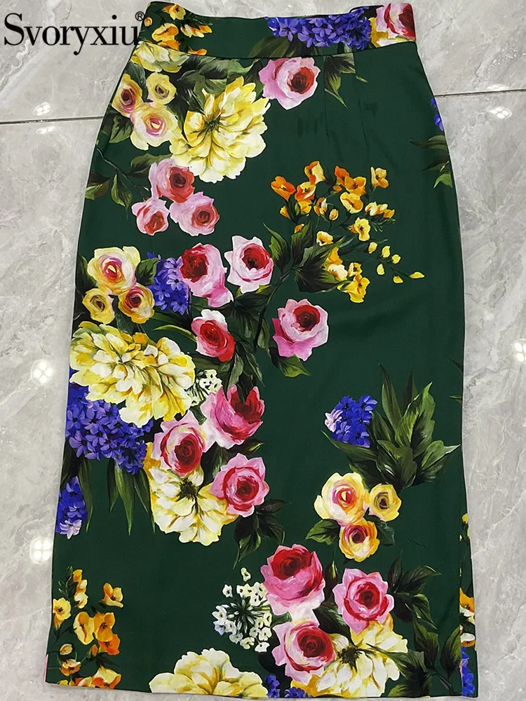 Svoryxiu Fashion Runway Summer Vintage Floral Print Silk Half Skirt Women's Party High Waist Buttock Covering Long Skirt