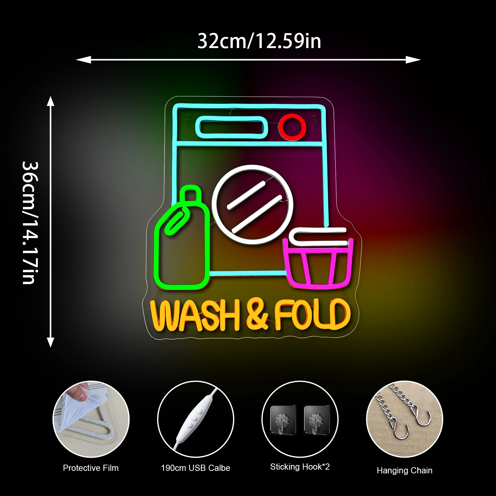Wash & Fold Neon Sign for Laundry Room USB Powered LED Light up Sign Wall Decor For Home Laundromat Wash Room