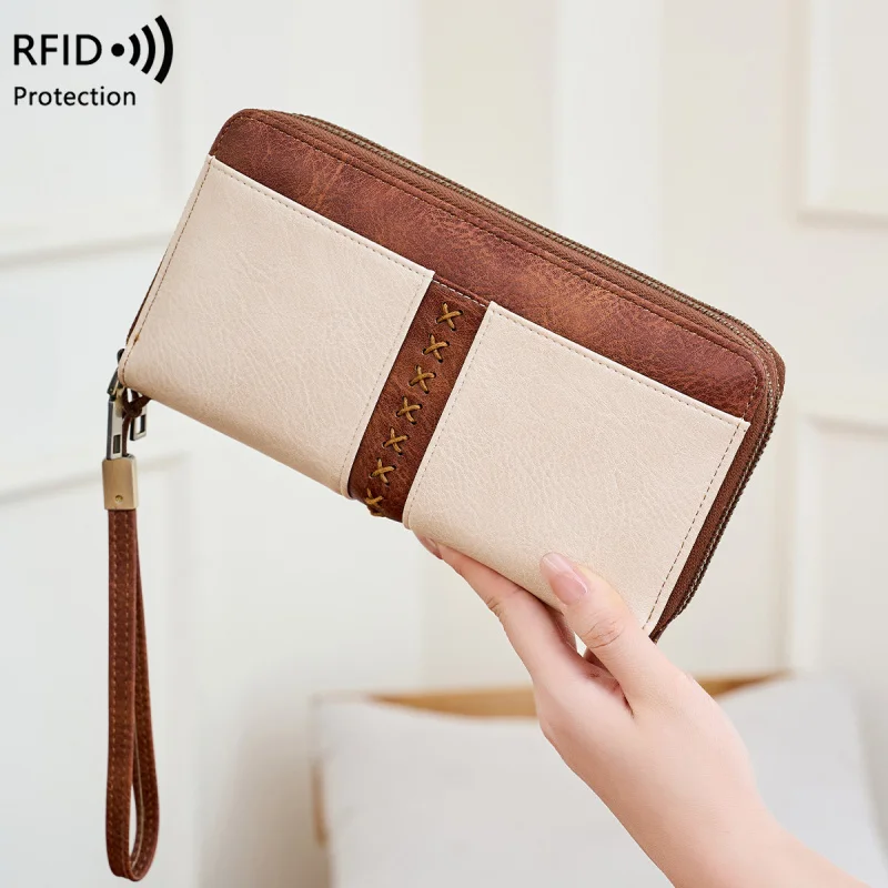 Western RDIF Blocking Double Zipper Contrast Color Long PU Leather Men Wallet Large Capacity Purse for Women