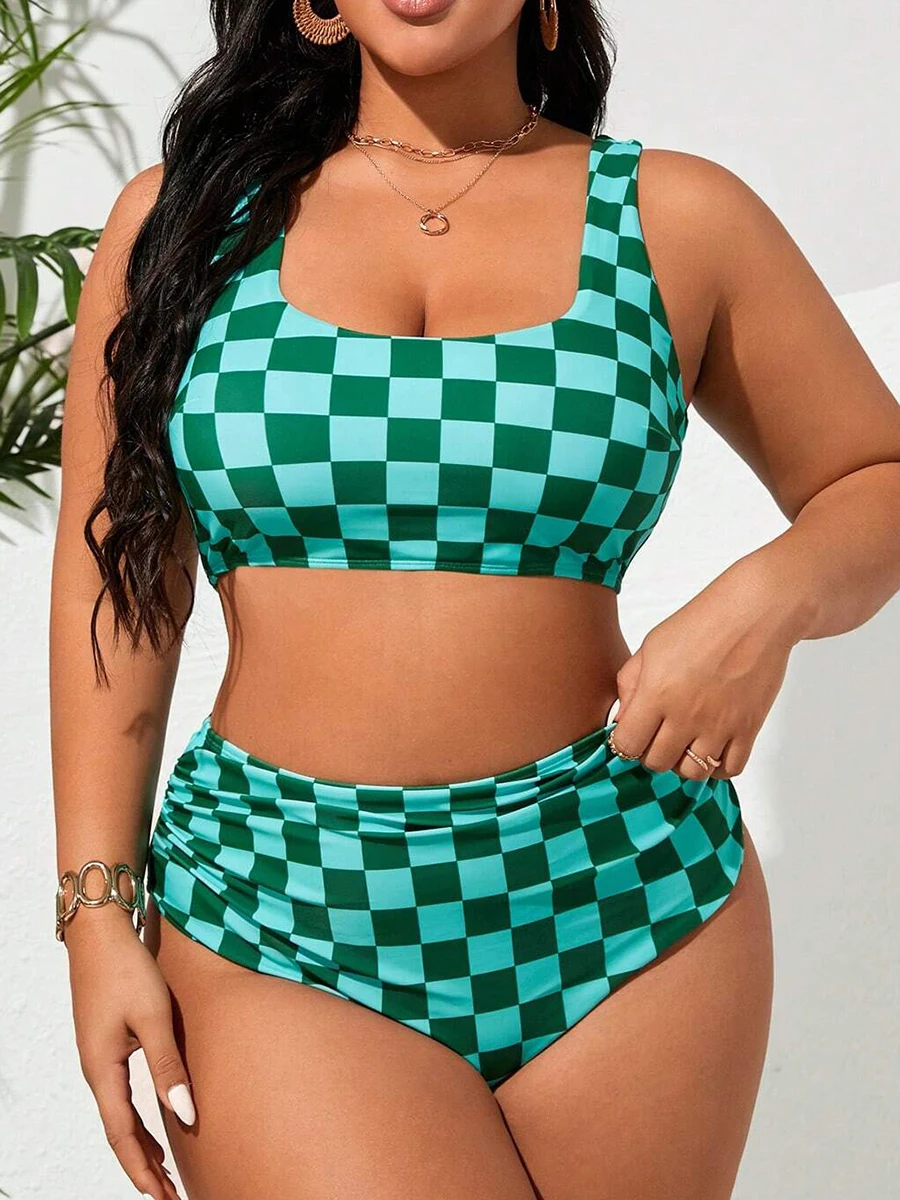 

Женский спортивный купальник больших размеров 2026: бикини с высокой талией, принтованный, для плавания, размеры до 5XL