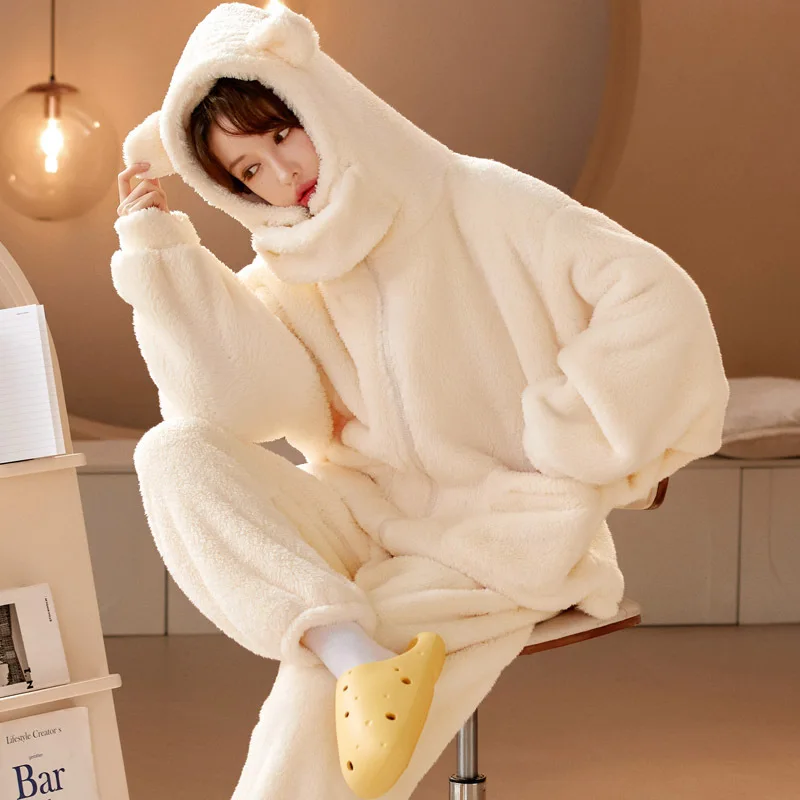 2023 New Winter Thick Warm Flannel Pajamas Set Women Casual Hooded Beige Black Casual Loungewear Female Velvet Homewear Pyjama