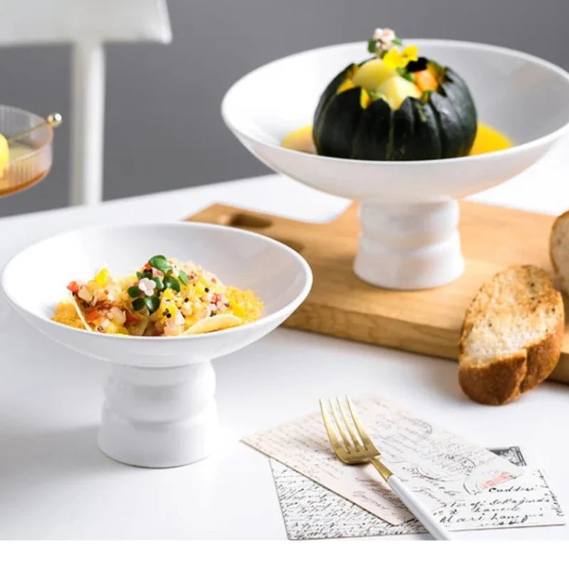 Elegant White Ceramic High-Footed Refreshment Tray - Versatile Dinner Plate, Dessert Platter, Fruit Tray, and Snack Bowl for Sty