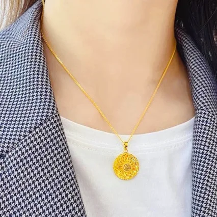 AU999 pure gold necklace, a lifetime of happiness, 24K real gold hollow filigree round pendant, a great gift for women