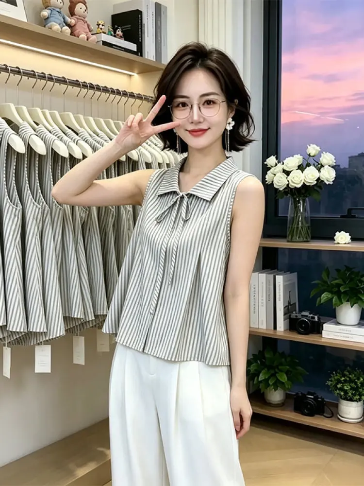Casual Summer 2026 Sleeveless Fashionable Shirt Versatile Korean Style Loose Fit Belted Women's Breathable Thin Striped Shirt