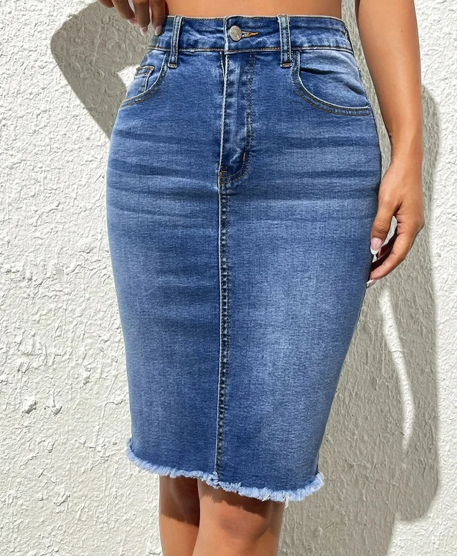 

Skirts Women Denim Skirt Mid Length Slim Fit Solid High Waist Casual Regular Elegant Splice Hip Wrap Button Pocket Summer