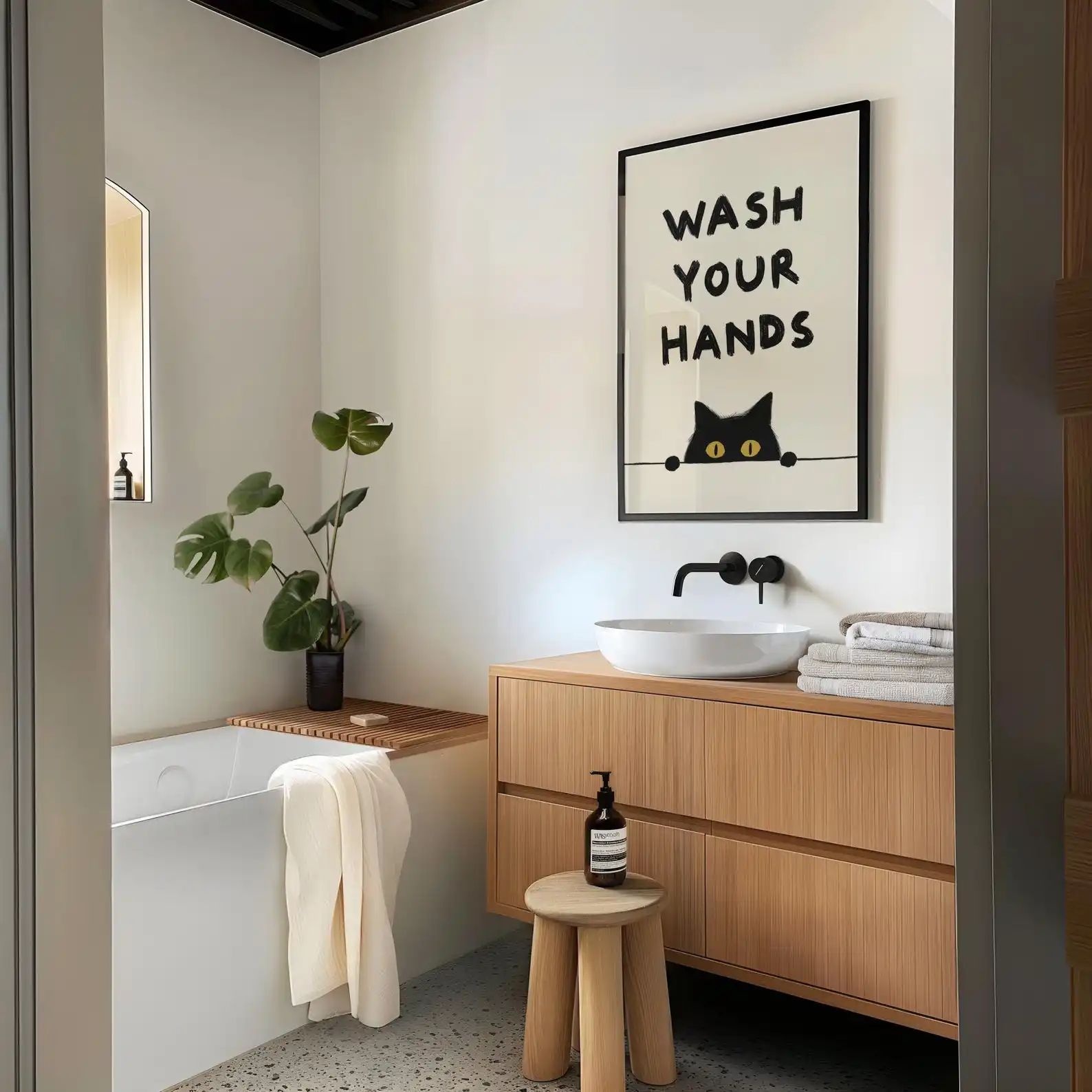 Funny Bathroom Canvas Wall Decor, Minimalist Peeking Black Cat Wash Your Hands Text Print, Neutral Cute Kitty Restroom Poster