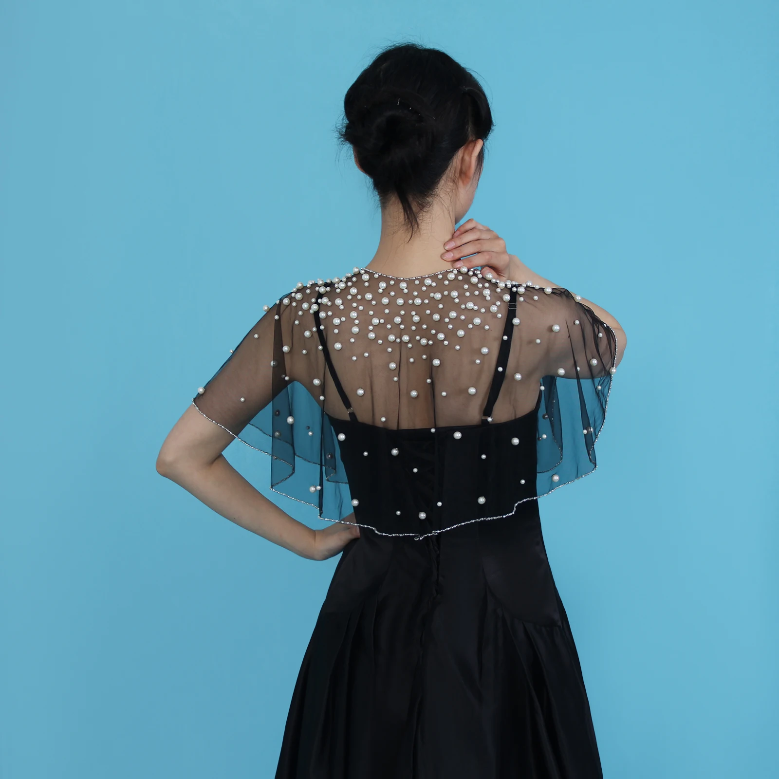 Elegante preto nupcial pérola embelezado sheer tule capa manga curta envoltórios de casamento para noiva ombro capa vestido de festa gp31