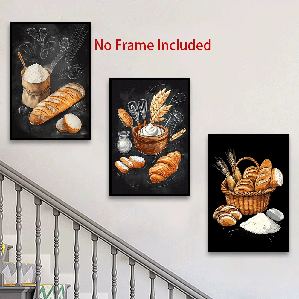 2D Flat, 2D Flat, 3pcs Art Deco Canvas Wall Art Set - Delicious Bread Oil Painting, less Wall Hanging Home Decor, Universal A