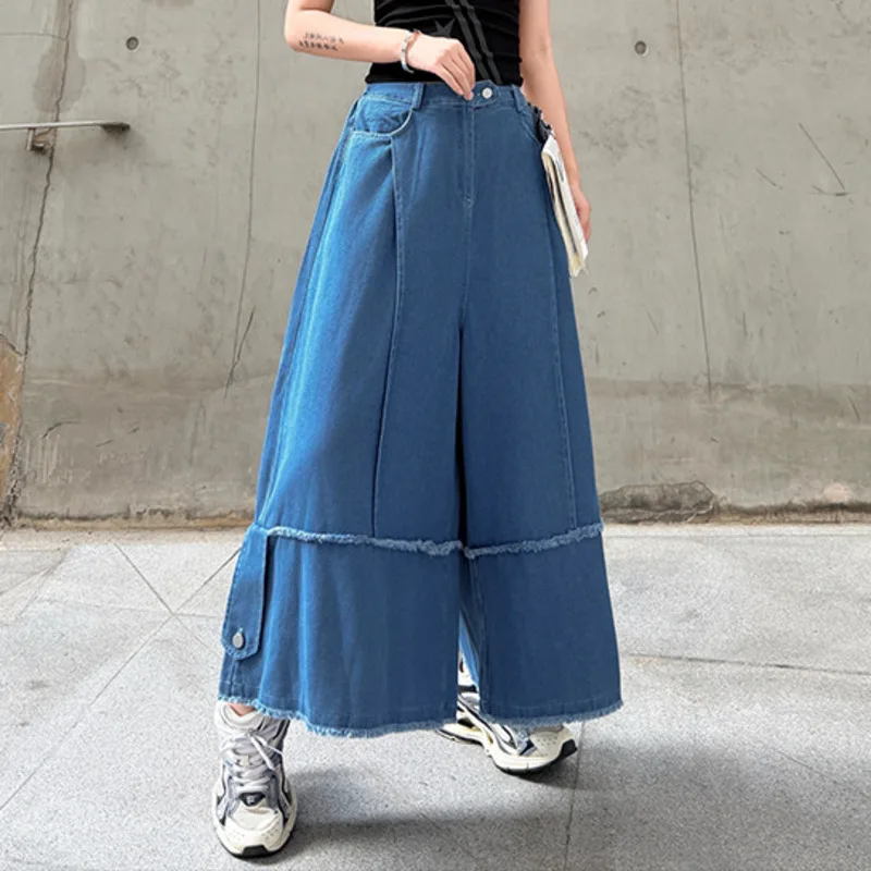 ANJY Spring Autumn New Women American Style Loose Casual Spliced Wide Leg Jeans Contrast Color Letter Print Sheathy Tees A21220