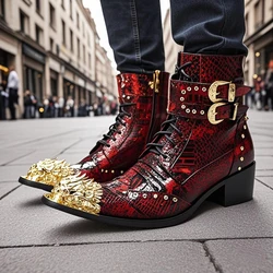 Autumn Austomized Serpentine Men's Boots Bar Party Personality Medium boots Tip Luxury Model Singer Rivet Leather boots