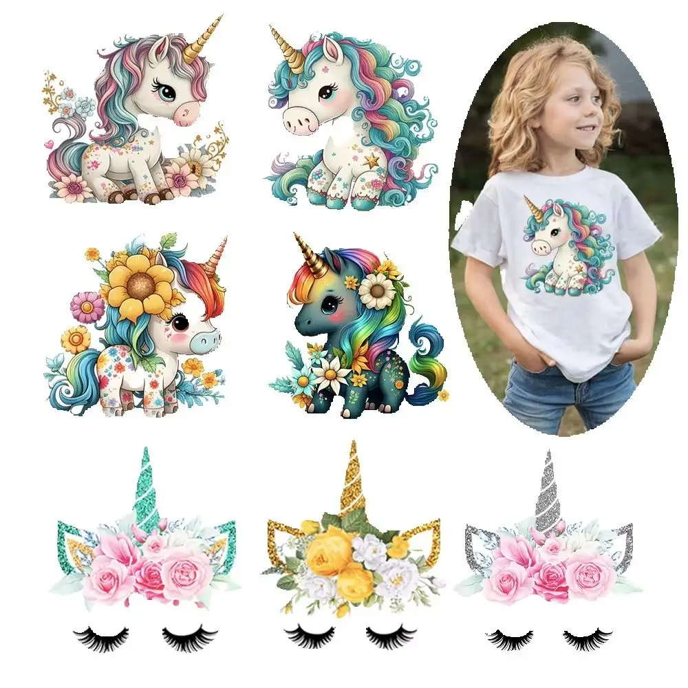 Iron on Transfer Unicorn Floral Heat-sensitive Patches Application Stripes on Kids Clothes Ironing Printing for Tops DIY Decals