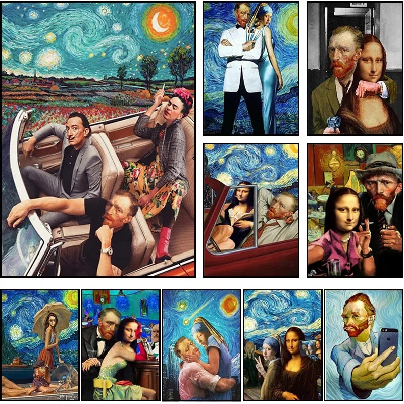Funny Abstract Van Gogh and Friends Canvas Painting Mona Lisa Modern Posters and Prints Wall Art Pictures Home Living Room Decor