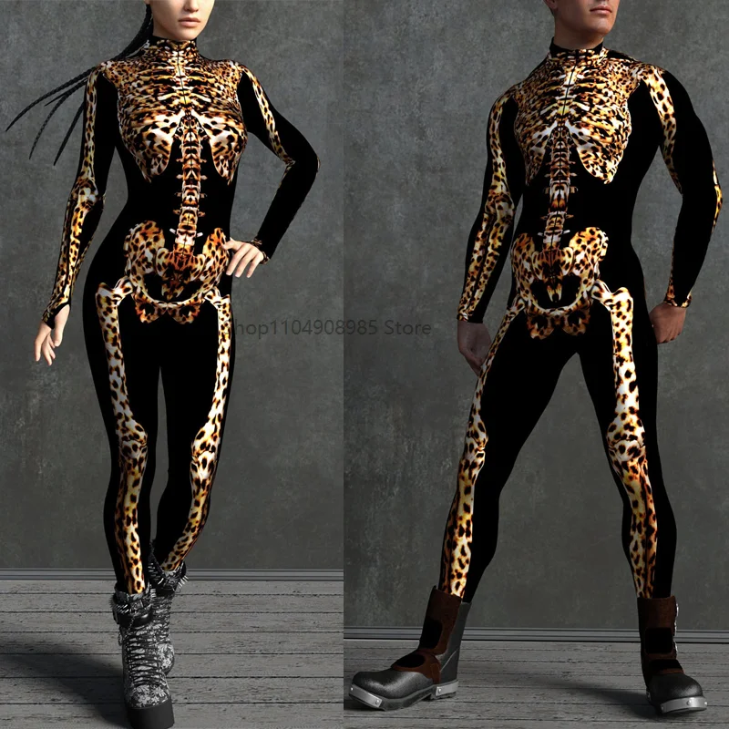 

Leopard Skeleton Costume Men Women Mechanical Armor Robot Cyber Jumpsuit Skeleton Cosplay Punk Zentai Bodysuit