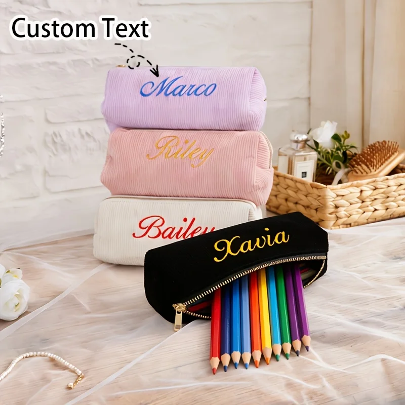 Embroidered Name Toiletry Cosmetic Bag, Personalized Corduroy Makeup Bag, Bridesmaid Proposal Gift, Wedding Party Gift for Her
