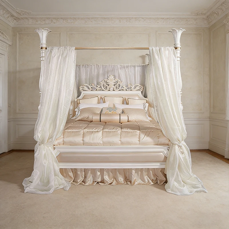 !@Luxury White Color Wooden Flower Design Silk Fabric Headboard Hand Carving King Queen Size Bed Italy Style Bedroom