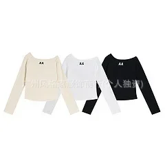 PopPopKorean Style Long Sleeve Shoulder Bared Women's T-shirt Short Fit Body Slimming Top Small Size Ladies Fashion Cotton Tee