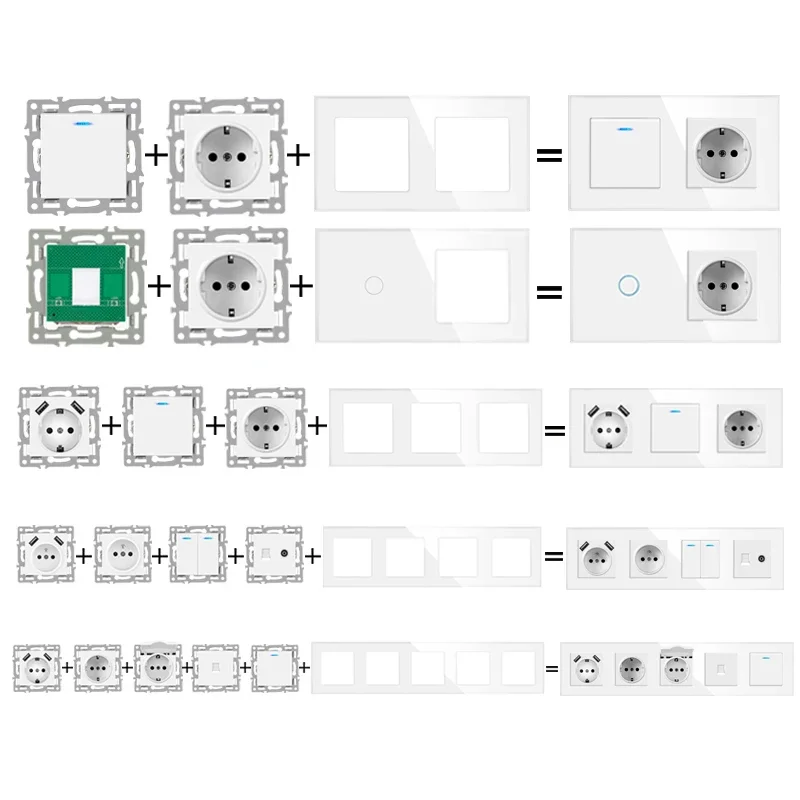 wall-mounted diy module European standard white tempered crystal glass panel socket led light switch button function combi