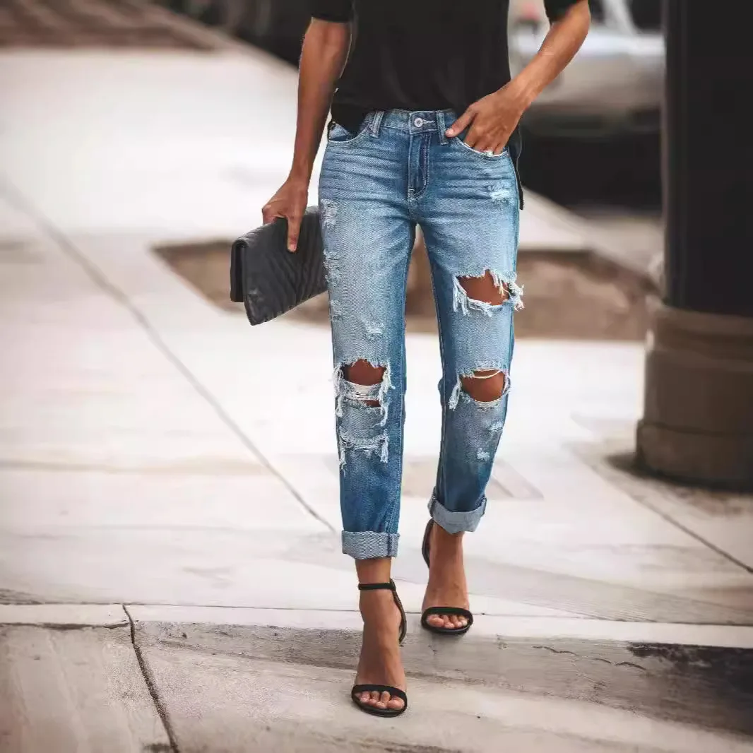 

Denim Pencil Jeans Ripped Holes Women Jean Cuffs Washed High Waist Zipper Fly Skinny Solid Pockets Distressed 2025 Basics