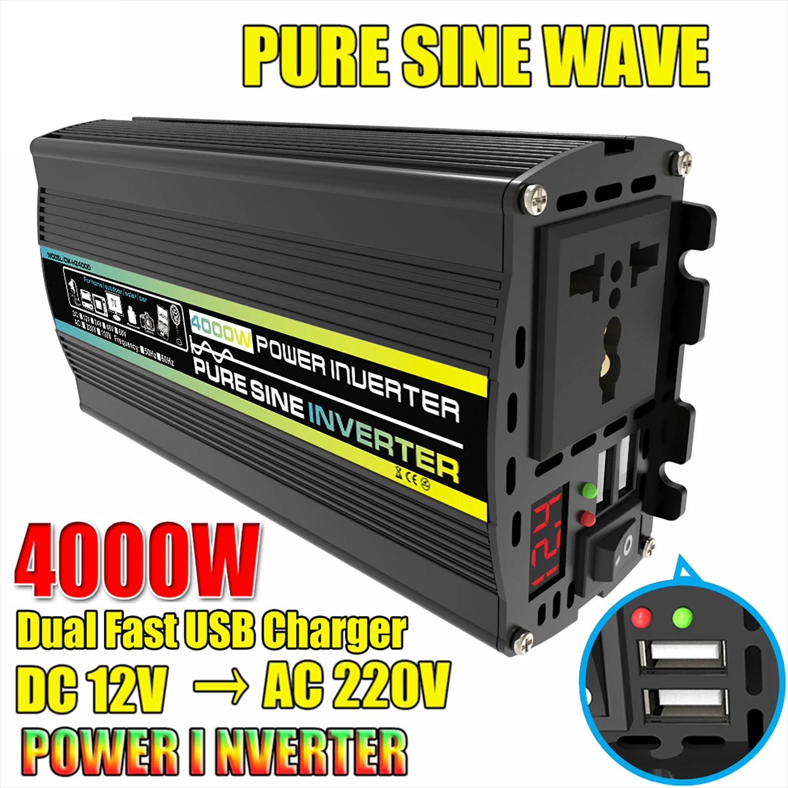 4000W Universal Car Power Inverter Pure Sine Wave 12V to 110V / 220V Off Grid Voltage Transformer Multi-Sockets Power Converter