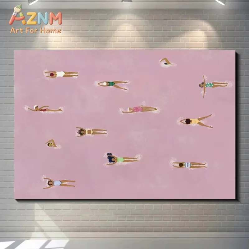 AZNM Summer Beach Swimmers Canvas Wall Art, Minimalist Coastal 2D Flat Frameless Print, Reusable Ocean Swimming Figure Decor for