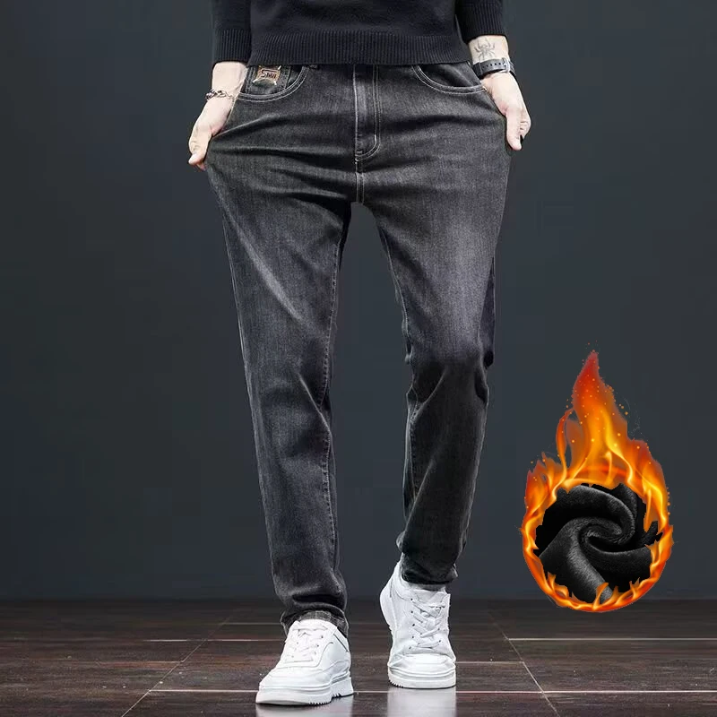Men Trend Loose Straight Leg Versatile Casual Trousers Male Thickened Warm Wear-resistant Denim Pants Comfortable Stretch Jeans