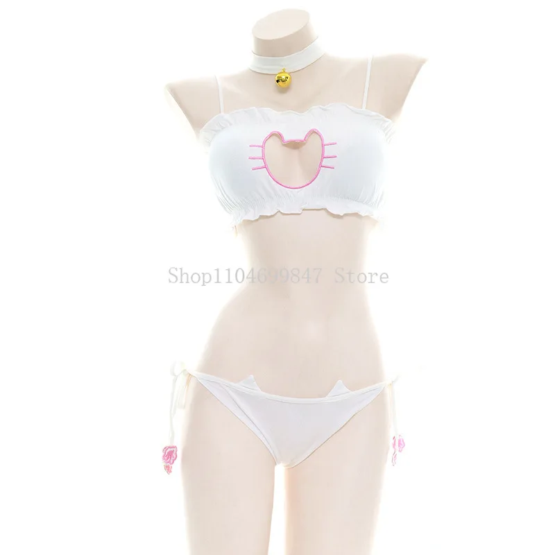 Pakaian Dalam Kostum Cosplay Seragam Katze Kucing Seksi Lingerie Tiga Titik Tali Keluar Holloween Godaan Malaikat Payudara Bungkus Eksotis