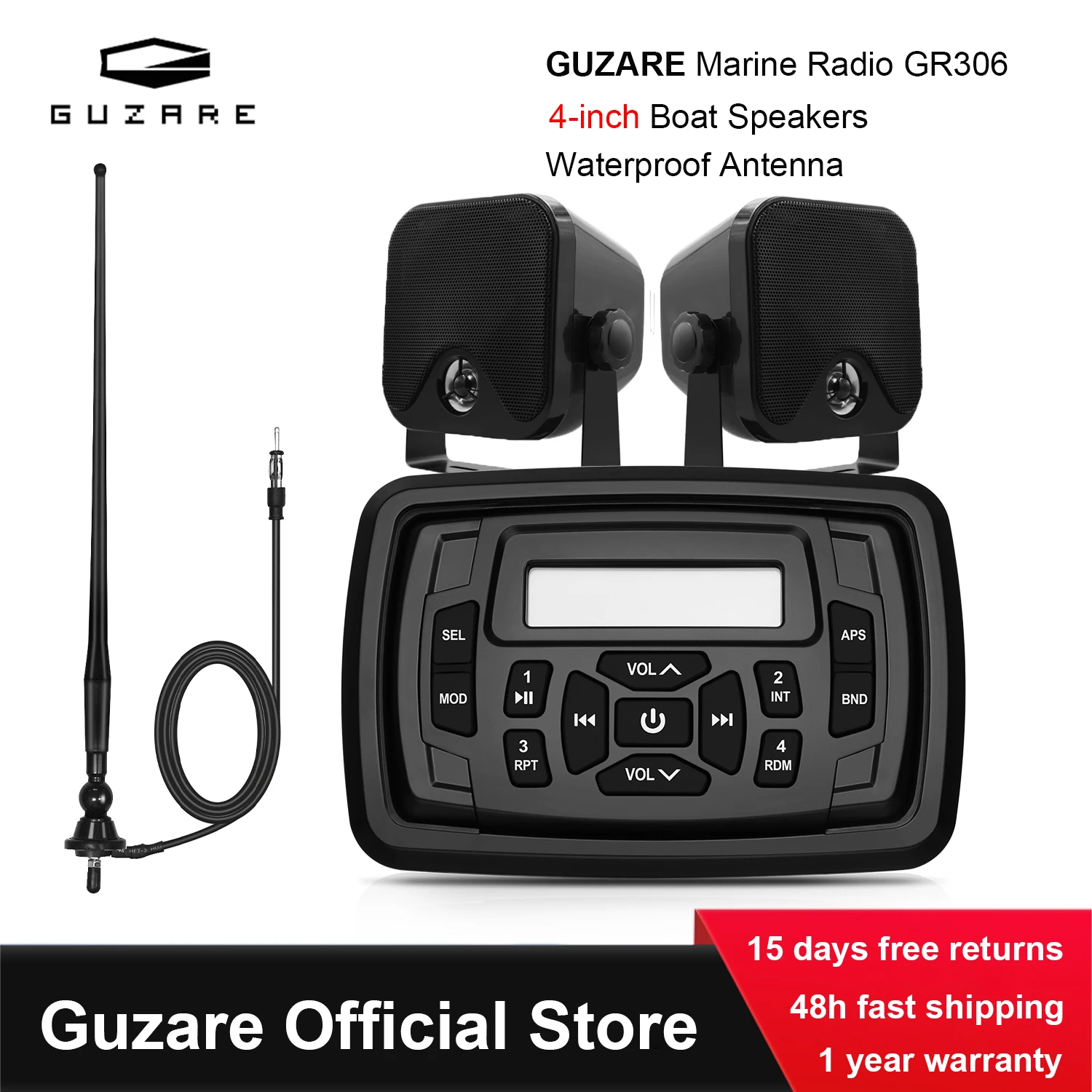 

GUZARE Marine Stereo Radio GR306 & Speakers GR301B & Antenna N065B,Black Set for RV UTV ATV Yacht Boats