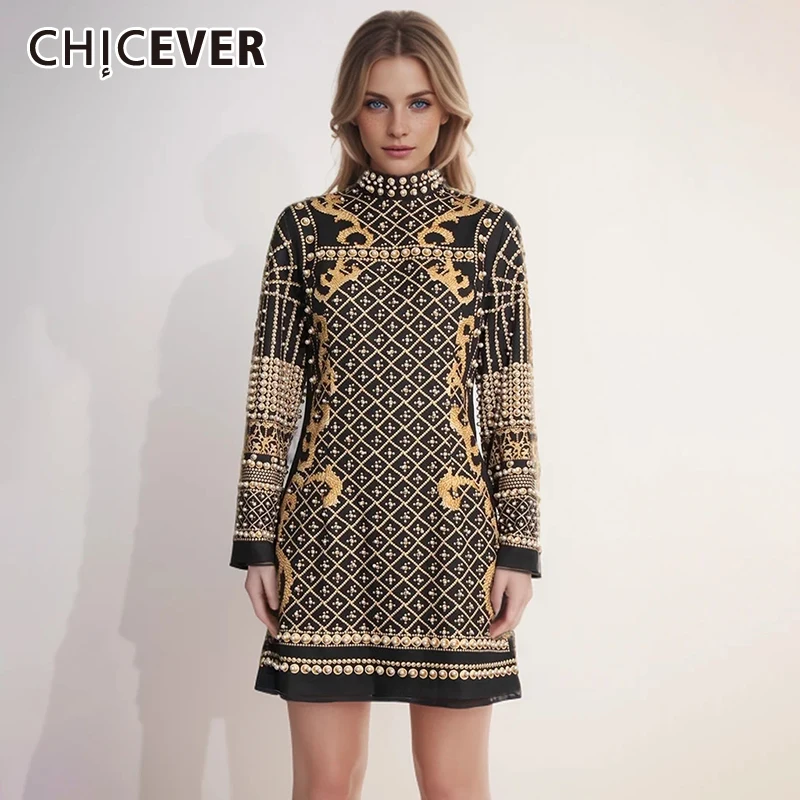 

CHICEVER Hit Color Print Patchwork Pearls Dresses For Women Stand Collar Long Sleeve High Waist Slimming Mini Dress Female New