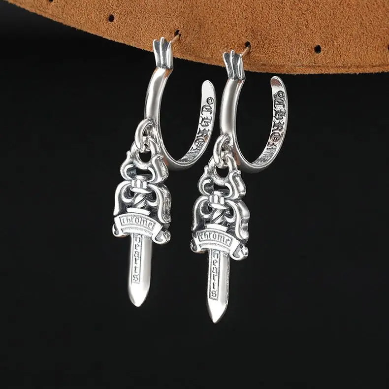 Men's and Women's Punk S925 Sterling Silver Old Cross Sword Earrings Personalized niche high-end feeling half circle sword earri