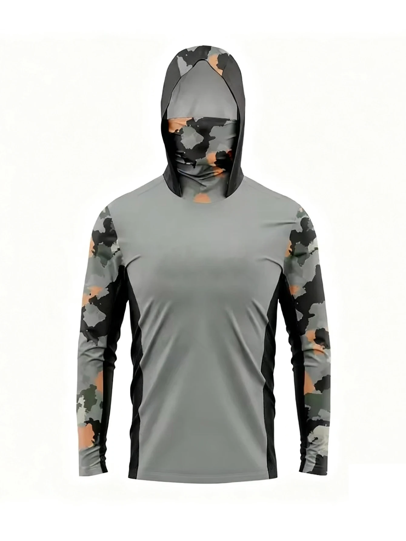 Grey Panel Camo Sleeve Men Fishing Hooded Shirt Built-in Face Cover UPF50+ Sun Protection Quick-Dry Long Sleeve Tops
