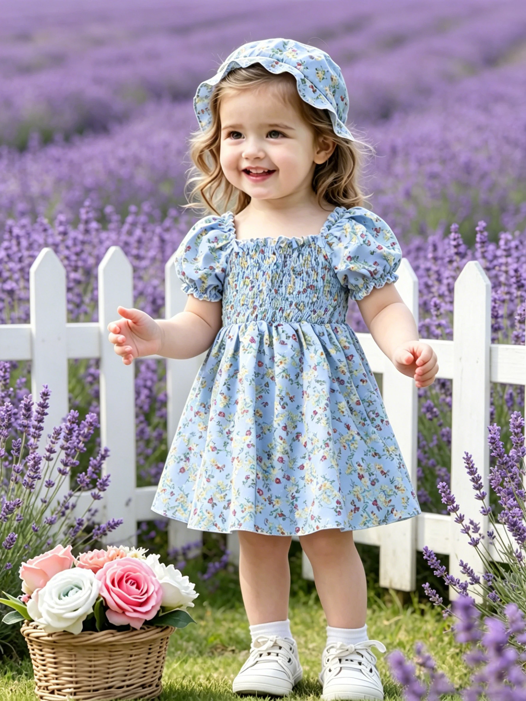 Helles hellblaues Blumenmädchenkleid mit passendem Blumenhut, Outdoor-Foto-Outfit
