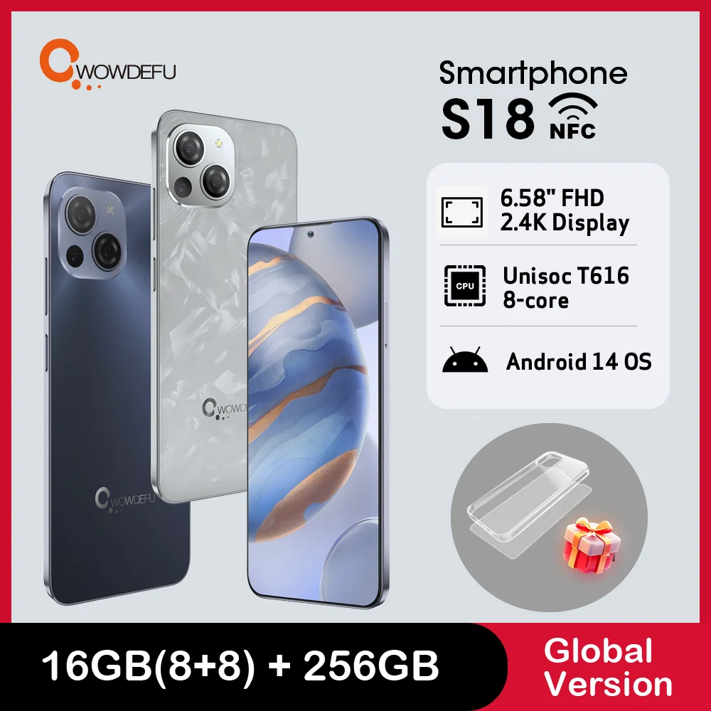 Cwowdefu S18, Smartphone Global Version Android 14, 6.58" Incell 2.4K Display, Unisoc T616, 16GB(8+8GB) 256GB, 48MP AI Cam , NFC