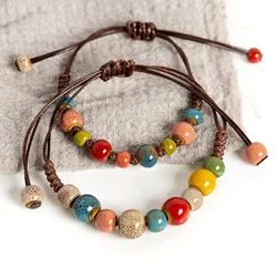 Bohemian Ceramic Bead Bracelet with Adjustable Cord 15-25cm for All Wrist Sizes