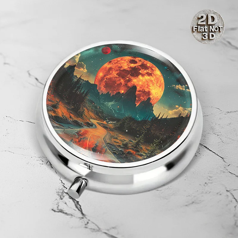 (Flat) 1pc portable round metal pill box featuring a fantasy starry sky design, suitable for carrying while traveling, can be used for storing medication and also as a stylish accessory to gift to friends, family, or outdoor enthusiasts