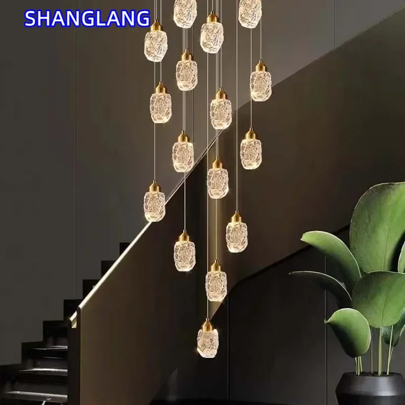 Modern LED Crystal Chandelier for Staircase Living Room Luxury Creative Design Hallway Villa Gold Hanging Light Long Indoor Lamp