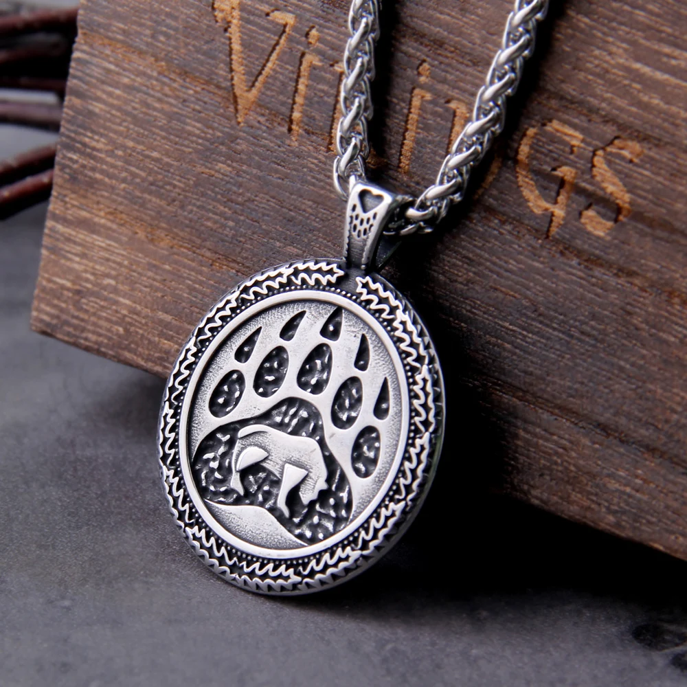 Never Fade Vintage Men's Stainless steel Viking Norse Bear Paw and head Animal Pendant Necklace Fashion Party Jewelry Gifts