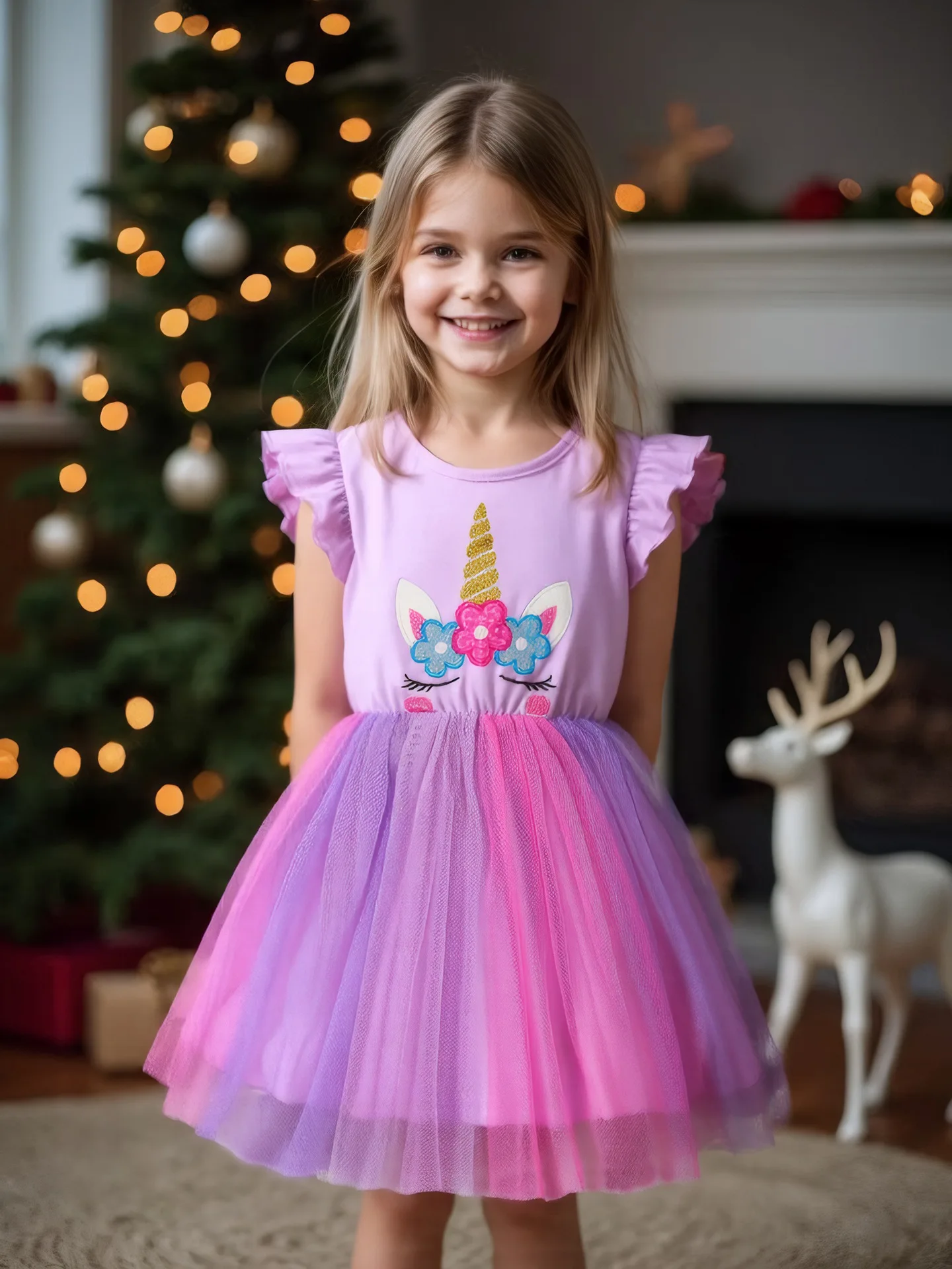 

Платье для девочек на весну-лето 2026: сетчатое, с мультяшным единорогом, вышивкой, рукавами-крылышками, повседневное, фасон «пачка», для вечеринок