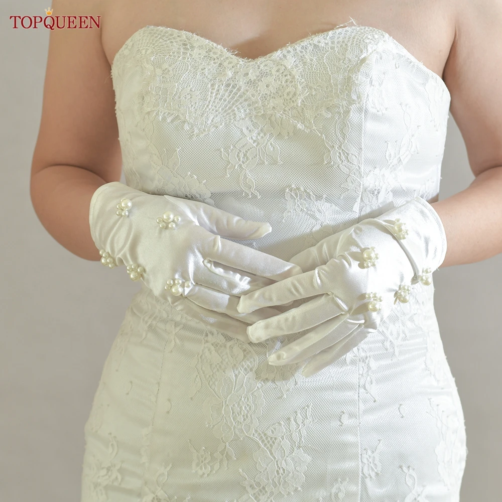 TOPQUEEN Bridal Gloves Beaded Satin Gloves Off-White Wrist Length Wedding Accessories Ladies Performance Beauty Pageant Diy T13