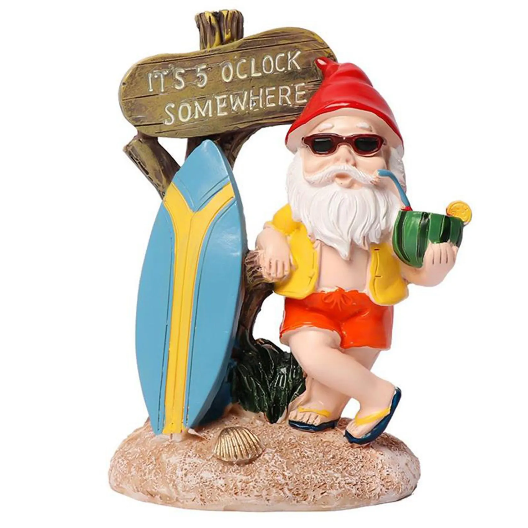 Resin Funny Gnome Figurines with Surfboard Welcome Sign It's 5 O'Clock Somewhere Statue for Home Garden Yard Decoration