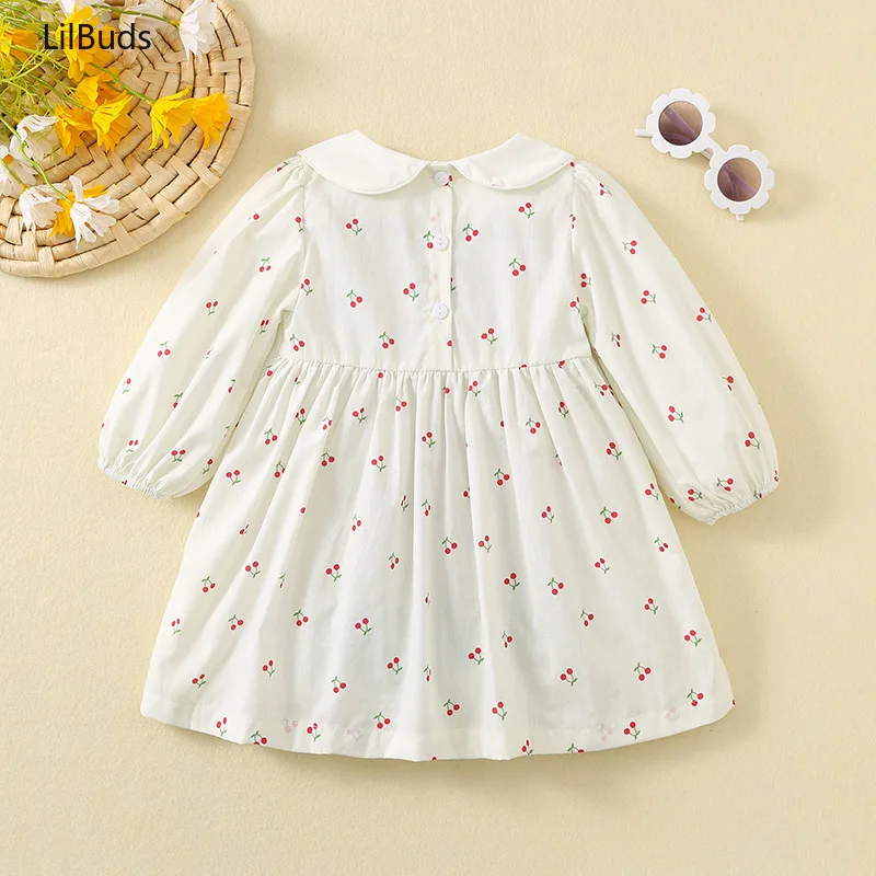 2024 Girls Long Sleeve Dress Children Doll Collar Printed Cotton Handmade Embroidered Princess Costume Matching Spring Autumn