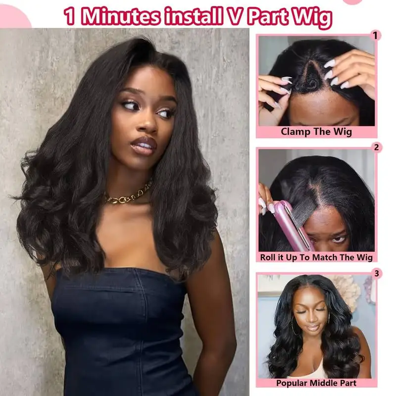 18インチボディウェーブV字型分け目ウィッグ 女性用 ブラジリアンヘア 3x1 ナチュラルブラック人毛ウィッグ 220密度 機械製V字型ウィッグ