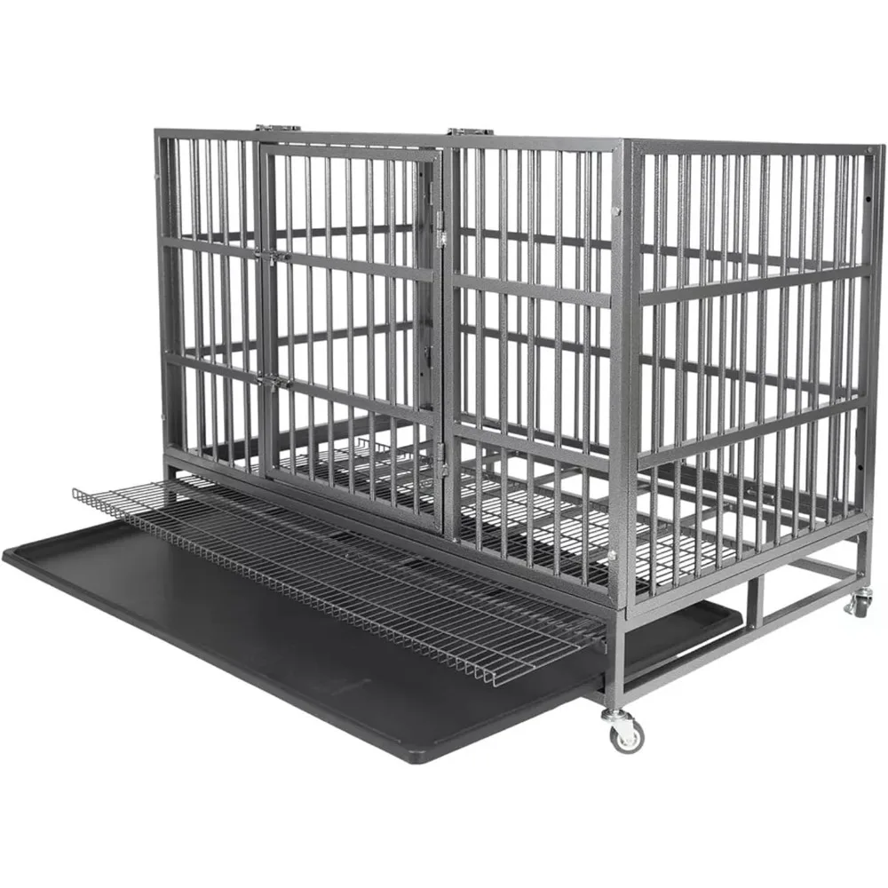 

47 Inch Heavy Duty Dog Crates, Dog Kennel for Meduim Dogs, Indestructible Dog Crate with Double Door and Removable Tray Pan